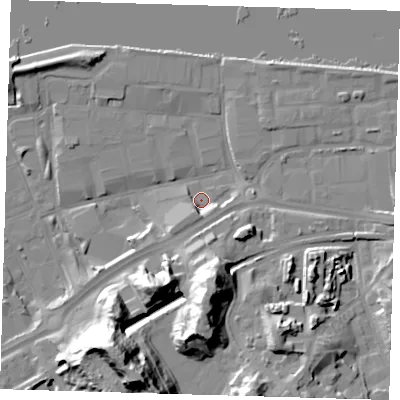 Shaded relief map of the ground around SE185TL, computed from Environment Agency LiDAR. The ground here sits at about 3 m above sea level and falls 37 m across the surrounding 800 m. Surface water reaching this point runs off ground lying to the south-south-west, 5.5 m higher.