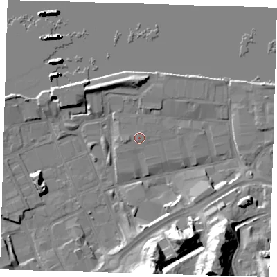 Shaded relief map of the ground around SE185TR, computed from Environment Agency LiDAR. The ground here sits at about 4 m above sea level and falls 27 m across the surrounding 800 m. Surface water reaching this point runs off ground lying to the south, 0.5 m higher.