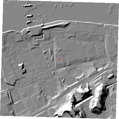 Shaded relief map of the ground around SE185TS, computed from Environment Agency LiDAR. The ground here sits at about 3 m above sea level and falls 37 m across the surrounding 800 m. The ground contributing surface water to this point lies to the north-north-west.