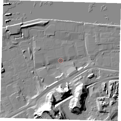 Shaded relief map of the ground around SE185TT, computed from Environment Agency LiDAR. The ground here sits at about 2 m above sea level and falls 37 m across the surrounding 800 m. Surface water reaching this point runs off ground lying to the south-south-east, 26.0 m higher.