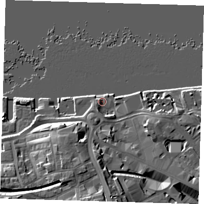 Shaded relief map of the ground around SE186DX, computed from Environment Agency LiDAR. The ground here sits at about 5 m above sea level and falls 22 m across the surrounding 800 m. Surface water reaching this point runs off ground lying to the south, 19.1 m higher.