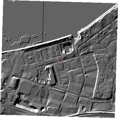 Shaded relief map of the ground around SE186LA, computed from Environment Agency LiDAR. The ground here sits at about 5 m above sea level and falls 10 m across the surrounding 800 m. Surface water reaching this point runs off ground lying to the south-west, 9.5 m higher.