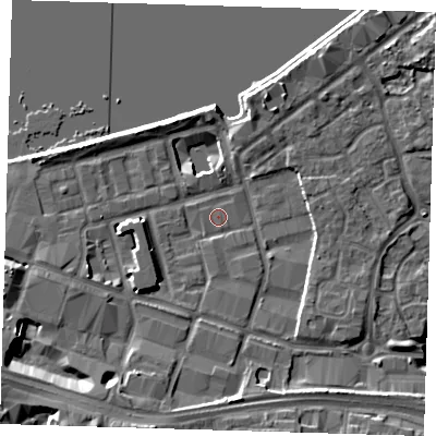 Shaded relief map of the ground around SE186LB, computed from Environment Agency LiDAR. The ground here sits at about 4 m above sea level and falls 10 m across the surrounding 800 m. Surface water reaching this point runs off ground lying to the south-west, 6.8 m higher.