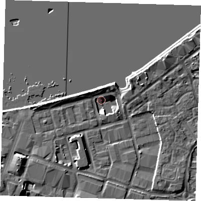 Shaded relief map of the ground around SE186PJ, computed from Environment Agency LiDAR. The ground here sits at about 4 m above sea level and falls 9 m across the surrounding 800 m. Surface water reaching this point runs off ground lying to the south-west, 8.0 m higher.