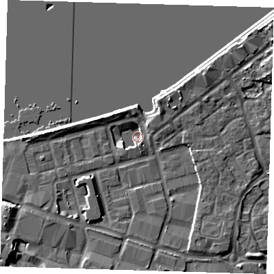 Shaded relief map of the ground around SE186PL, computed from Environment Agency LiDAR. The ground here sits at about 2 m above sea level and falls 8 m across the surrounding 800 m. Surface water reaching this point runs off ground lying to the south-west, 5.0 m higher.