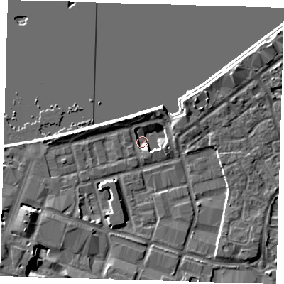 Shaded relief map of the ground around SE186PP, computed from Environment Agency LiDAR. The ground here sits at about 2 m above sea level and falls 9 m across the surrounding 800 m. Surface water reaching this point runs off ground lying to the south-south-west, 5.4 m higher.