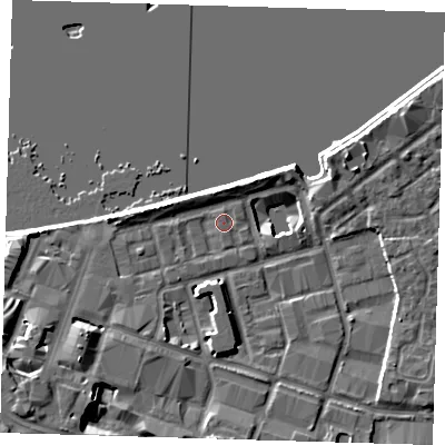 Shaded relief map of the ground around SE186RE, computed from Environment Agency LiDAR. The ground here sits at about 5 m above sea level and falls 10 m across the surrounding 800 m. Surface water reaching this point runs off ground lying to the south-west, 9.1 m higher.