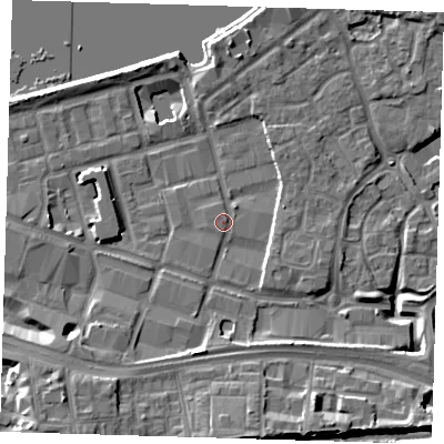 Shaded relief map of the ground around SE186RS, computed from Environment Agency LiDAR. The ground here sits at about 5 m above sea level and falls 11 m across the surrounding 800 m. Surface water reaching this point runs off ground lying to the south, 4.5 m higher.