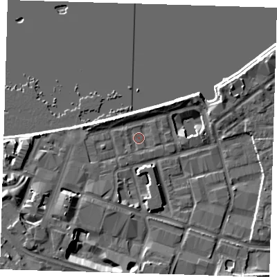 Shaded relief map of the ground around SE186RU, computed from Environment Agency LiDAR. The ground here sits at about 4 m above sea level and falls 11 m across the surrounding 800 m. Surface water reaching this point runs off ground lying to the south-south-west, 5.0 m higher.
