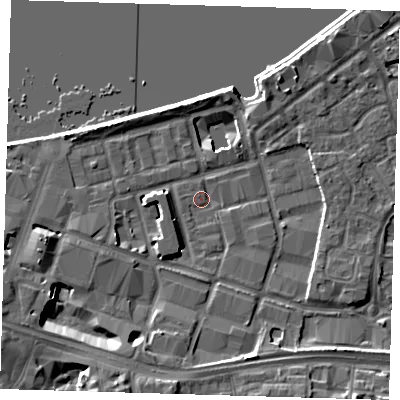 Shaded relief map of the ground around SE186RY, computed from Environment Agency LiDAR. The ground here sits at about 4 m above sea level and falls 9 m across the surrounding 800 m. Surface water reaching this point runs off ground lying to the west-south-west, 2.7 m higher.