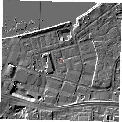 Shaded relief map of the ground around SE186SE, computed from Environment Agency LiDAR. The ground here sits at about 4 m above sea level and falls 10 m across the surrounding 800 m. Surface water reaching this point runs off ground lying to the south-west, 2.9 m higher.