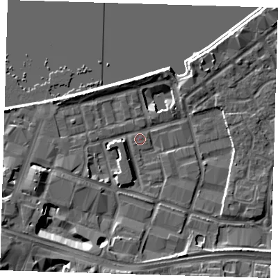 Shaded relief map of the ground around SE186SN, computed from Environment Agency LiDAR. The ground here sits at about 4 m above sea level and falls 10 m across the surrounding 800 m. Surface water reaching this point runs off ground lying to the south-west, 2.8 m higher.