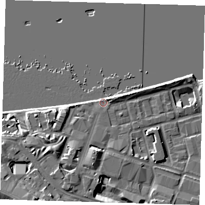 Shaded relief map of the ground around SE186ST, computed from Environment Agency LiDAR. The ground here sits at about 5 m above sea level and falls 11 m across the surrounding 800 m. Surface water reaching this point runs off ground lying to the south-south-west, 7.5 m higher.