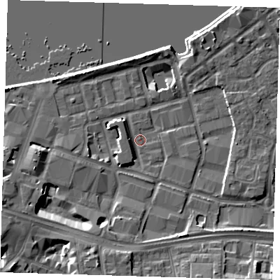Shaded relief map of the ground around SE186SY, computed from Environment Agency LiDAR. The ground here sits at about 5 m above sea level and falls 10 m across the surrounding 800 m. Surface water reaching this point runs off ground lying to the south-south-west, 2.9 m higher.