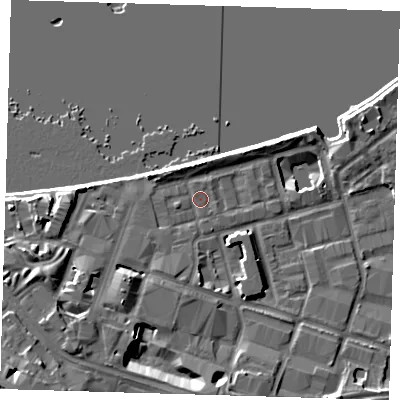 Shaded relief map of the ground around SE186TA, computed from Environment Agency LiDAR. The ground here sits at about 5 m above sea level and falls 11 m across the surrounding 800 m. Surface water reaching this point runs off ground lying to the south-west, 7.0 m higher.