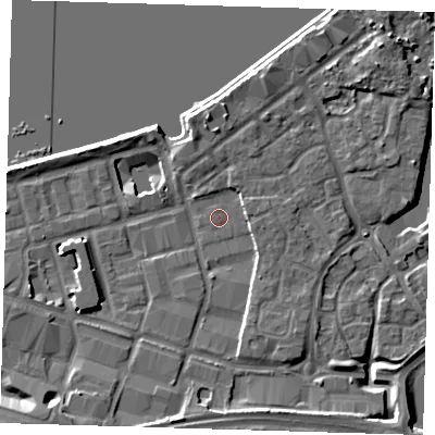 Shaded relief map of the ground around SE186TB, computed from Environment Agency LiDAR. The ground here sits at about 4 m above sea level and falls 8 m across the surrounding 800 m. Surface water reaching this point runs off ground lying to the south-west, 5.9 m higher.