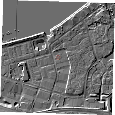 Shaded relief map of the ground around SE186TD, computed from Environment Agency LiDAR. The ground here sits at about 4 m above sea level and falls 9 m across the surrounding 800 m. Surface water reaching this point runs off ground lying to the south-west, 6.0 m higher.