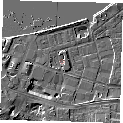 Shaded relief map of the ground around SE186TE, computed from Environment Agency LiDAR. The ground here sits at about 4 m above sea level and falls 12 m across the surrounding 800 m. Surface water reaching this point runs off ground lying to the west-south-west, 3.8 m higher.
