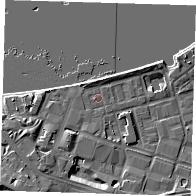 Shaded relief map of the ground around SE186TG, computed from Environment Agency LiDAR. The ground here sits at about 5 m above sea level and falls 11 m across the surrounding 800 m. Surface water reaching this point runs off ground lying to the south-west, 7.0 m higher.