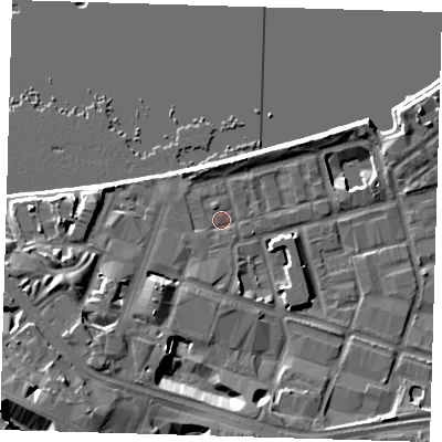 Shaded relief map of the ground around SE186TH, computed from Environment Agency LiDAR. The ground here sits at about 5 m above sea level and falls 12 m across the surrounding 800 m. Surface water reaching this point runs off ground lying to the south-west, 7.0 m higher.