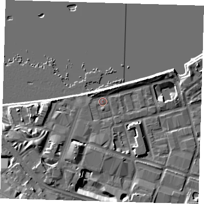 Shaded relief map of the ground around SE186TL, computed from Environment Agency LiDAR. The ground here sits at about 5 m above sea level and falls 11 m across the surrounding 800 m. Surface water reaching this point runs off ground lying to the south-south-west, 7.0 m higher.