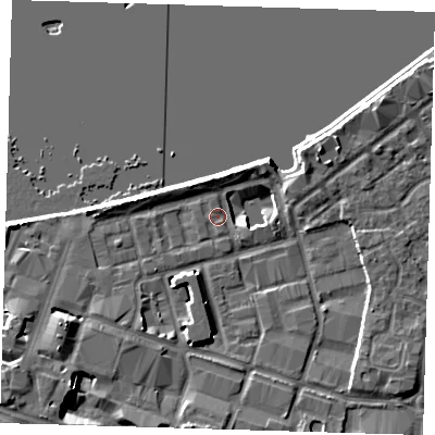 Shaded relief map of the ground around SE186XB, computed from Environment Agency LiDAR. The ground here sits at about 4 m above sea level and falls 10 m across the surrounding 800 m. Surface water reaching this point runs off ground lying to the south, 5.9 m higher.