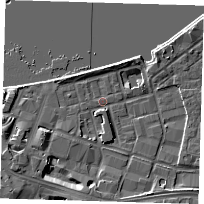 Shaded relief map of the ground around SE186XD, computed from Environment Agency LiDAR. The ground here sits at about 4 m above sea level and falls 11 m across the surrounding 800 m. Surface water reaching this point runs off ground lying to the south-west, 5.0 m higher.
