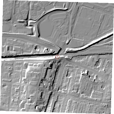 Shaded relief map of the ground around SE187EA, computed from Environment Agency LiDAR. The ground here sits at about 6 m above sea level and falls 28 m across the surrounding 800 m. Surface water reaching this point runs off ground lying to the south-south-west, 26.1 m higher.