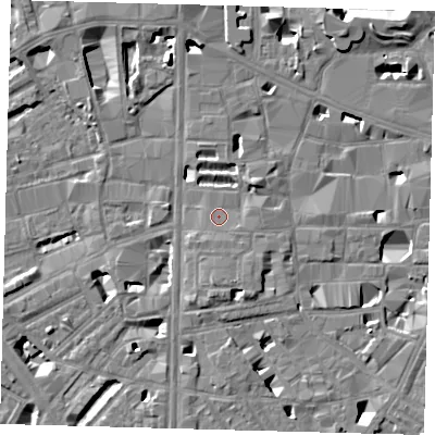 Shaded relief map of the ground around SE18AA, computed from Environment Agency LiDAR. The ground here sits at about 4 m above sea level and falls 9 m across the surrounding 800 m. Surface water reaching this point runs off ground lying to the south-east, 1.1 m higher.