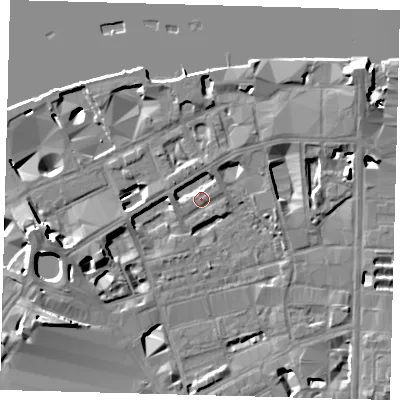 Shaded relief map of the ground around SE18AD, computed from Environment Agency LiDAR. The ground here sits at about 4 m above sea level and falls 15 m across the surrounding 800 m. Surface water reaching this point runs off ground lying to the west, 1.4 m higher.