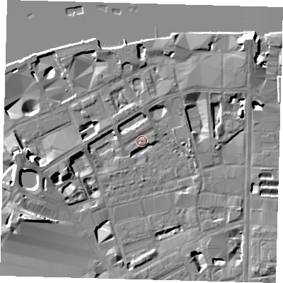 Shaded relief map of the ground around SE18AE, computed from Environment Agency LiDAR. The ground here sits at about 4 m above sea level and falls 15 m across the surrounding 800 m. Surface water reaching this point runs off ground lying to the east, 1.9 m higher.