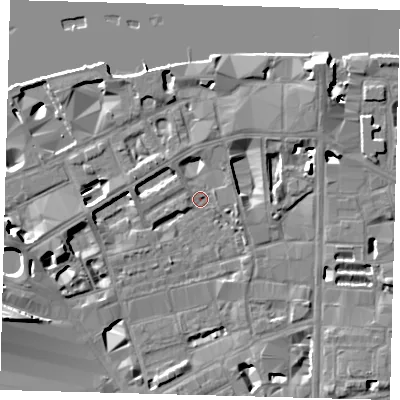 Shaded relief map of the ground around SE18AF, computed from Environment Agency LiDAR. The ground here sits at about 3 m above sea level and falls 15 m across the surrounding 800 m. Surface water reaching this point runs off ground lying to the north-east, 7.7 m higher.