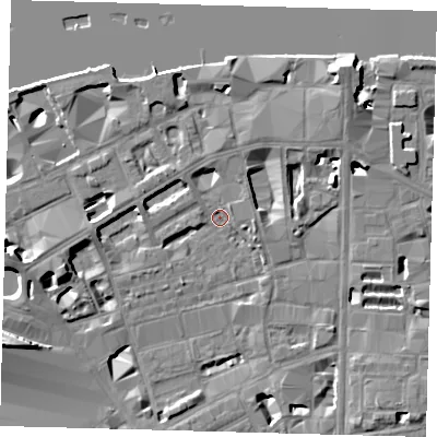 Shaded relief map of the ground around SE18AG, computed from Environment Agency LiDAR. The ground here sits at about 3 m above sea level and falls 15 m across the surrounding 800 m. Surface water reaching this point runs off ground lying to the north-east, 7.7 m higher.