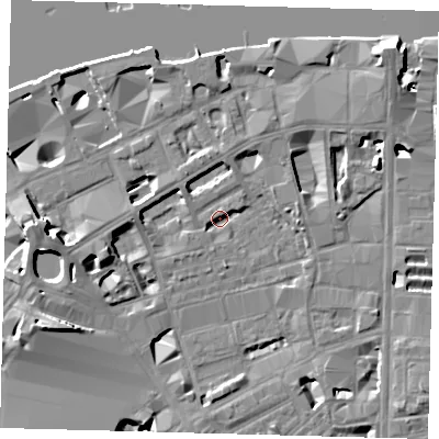 Shaded relief map of the ground around SE18AJ, computed from Environment Agency LiDAR. The ground here sits at about 3 m above sea level and falls 15 m across the surrounding 800 m. Surface water reaching this point runs off ground lying to the north-north-east, 1.9 m higher.
