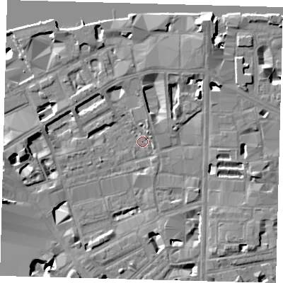 Shaded relief map of the ground around SE18AL, computed from Environment Agency LiDAR. The ground here sits at about 3 m above sea level and falls 15 m across the surrounding 800 m. Surface water reaching this point runs off ground lying to the north-north-east, 7.7 m higher.