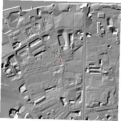Shaded relief map of the ground around SE18AN, computed from Environment Agency LiDAR. The ground here sits at about 3 m above sea level and falls 14 m across the surrounding 800 m. Surface water reaching this point runs off ground lying to the north-north-east, 7.7 m higher.