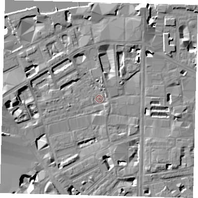 Shaded relief map of the ground around SE18AP, computed from Environment Agency LiDAR. The ground here sits at about 3 m above sea level and falls 14 m across the surrounding 800 m. Surface water reaching this point runs off ground lying to the north-north-east, 7.7 m higher.