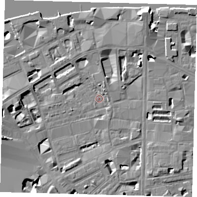 Shaded relief map of the ground around SE18AR, computed from Environment Agency LiDAR. The ground here sits at about 3 m above sea level and falls 15 m across the surrounding 800 m. Surface water reaching this point runs off ground lying to the north-north-east, 7.7 m higher.