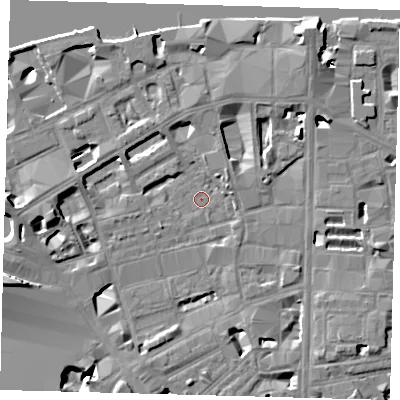 Shaded relief map of the ground around SE18AS, computed from Environment Agency LiDAR. The ground here sits at about 3 m above sea level and falls 15 m across the surrounding 800 m. Surface water reaching this point runs off ground lying to the north-north-east, 7.7 m higher.