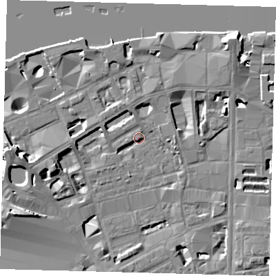 Shaded relief map of the ground around SE18AT, computed from Environment Agency LiDAR. The ground here sits at about 4 m above sea level and falls 15 m across the surrounding 800 m. Surface water reaching this point runs off ground lying to the north-north-west, 3.4 m higher.