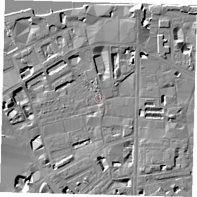 Shaded relief map of the ground around SE18AW, computed from Environment Agency LiDAR. The ground here sits at about 3 m above sea level and falls 14 m across the surrounding 800 m. Surface water reaching this point runs off ground lying to the north-north-east, 7.7 m higher.