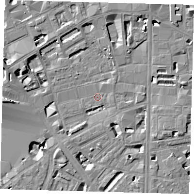 Shaded relief map of the ground around SE18AZ, computed from Environment Agency LiDAR. The ground here sits at about 3 m above sea level and falls 12 m across the surrounding 800 m. Surface water reaching this point runs off ground lying to the south-west, 7.7 m higher.