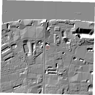 Shaded relief map of the ground around SE18BF, computed from Environment Agency LiDAR. The ground here sits at about 4 m above sea level and falls 14 m across the surrounding 800 m. Surface water reaching this point runs off ground lying to the north-north-east, 6.7 m higher.