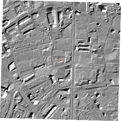 Shaded relief map of the ground around SE18BS, computed from Environment Agency LiDAR. The ground here sits at about 3 m above sea level and falls 9 m across the surrounding 800 m. Surface water reaching this point runs off ground lying to the east-north-east, 1.4 m higher.