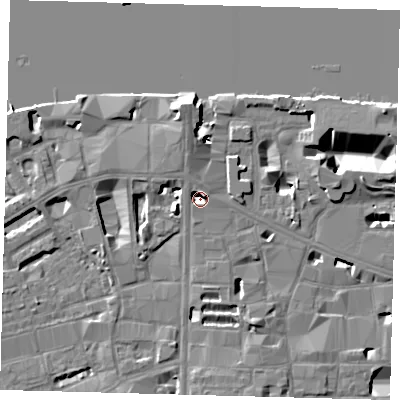 Shaded relief map of the ground around SE18BU, computed from Environment Agency LiDAR. The ground here sits at about 1 m above sea level and falls 14 m across the surrounding 800 m. Surface water reaching this point runs off ground lying to the north-east, 6.7 m higher.