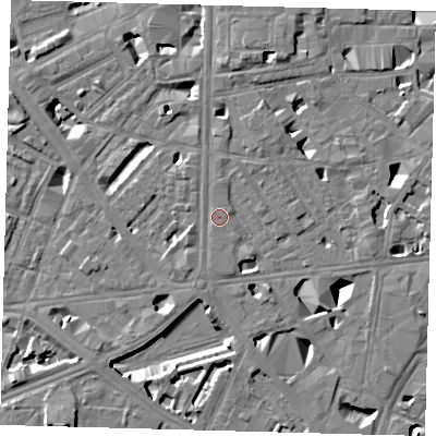 Shaded relief map of the ground around SE18BW, computed from Environment Agency LiDAR. The ground here sits at about 4 m above sea level and falls 10 m across the surrounding 800 m. Surface water reaching this point runs off ground lying to the south-south-west, 1.1 m higher.