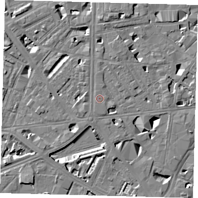 Shaded relief map of the ground around SE18BZ, computed from Environment Agency LiDAR. The ground here sits at about 4 m above sea level and falls 10 m across the surrounding 800 m. Surface water reaching this point runs off ground lying to the south-south-west, 0.5 m higher.