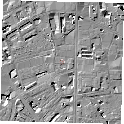 Shaded relief map of the ground around SE18DD, computed from Environment Agency LiDAR. The ground here sits at about 4 m above sea level and falls 9 m across the surrounding 800 m. Surface water reaching this point runs off ground lying to the east, 4.4 m higher.