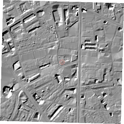 Shaded relief map of the ground around SE18DF, computed from Environment Agency LiDAR. The ground here sits at about 4 m above sea level and falls 9 m across the surrounding 800 m. Surface water reaching this point runs off ground lying to the east-north-east, 1.4 m higher.