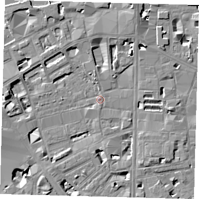 Shaded relief map of the ground around SE18DH, computed from Environment Agency LiDAR. The ground here sits at about 4 m above sea level and falls 14 m across the surrounding 800 m. Surface water reaching this point runs off ground lying to the north-north-east, 7.4 m higher.